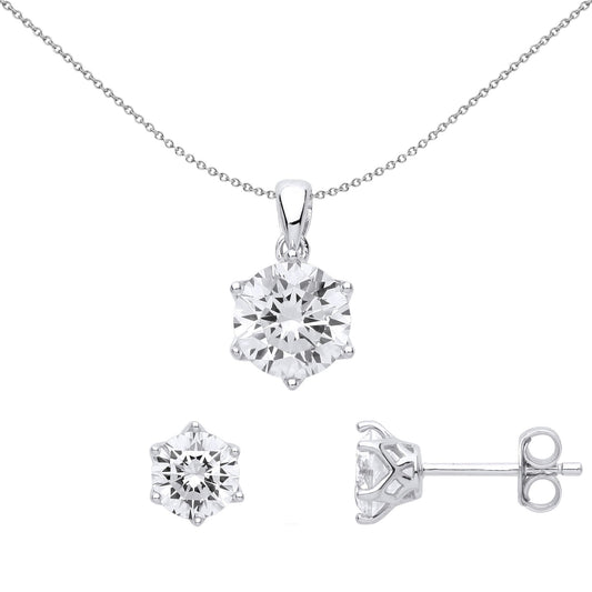 Sterling Silver CZ Crown 6 Claw Solitaire Earrings Necklace Set - GSET624