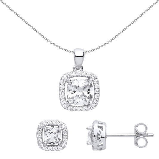 Silver Cushion CZ TV Square Halo Solitaire Earrings Necklace Set - GSET625