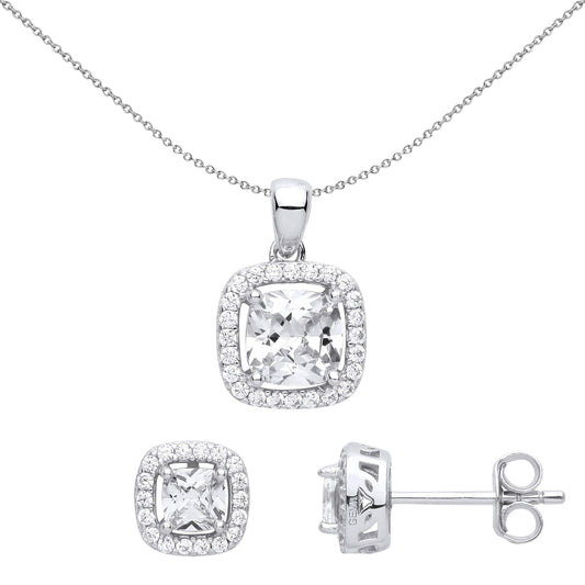 Silver Cushion CZ TV Square Halo Solitaire Earrings Necklace Set - GSET625