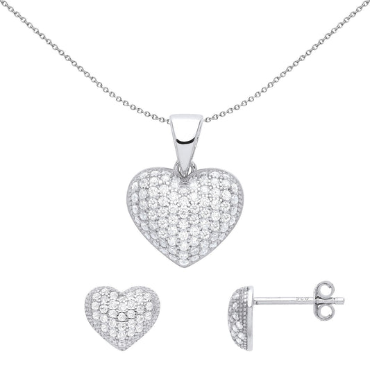 Silver CZ 3D Domed Love Heart Pave Cluster Earrings Necklace Set - GSET626
