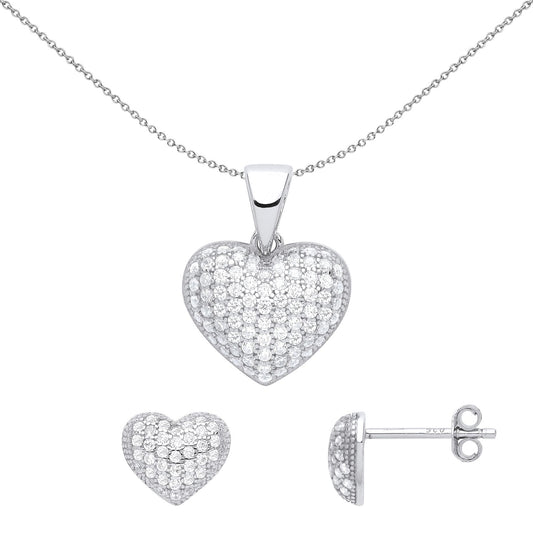 Silver CZ 3D Domed Love Heart Pave Cluster Earrings Necklace Set - GSET626