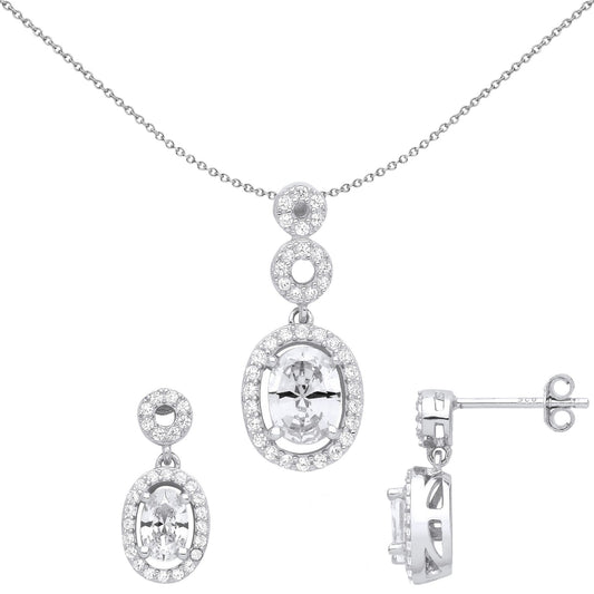 Silver Oval CZ Double Halo Cluster Raindrop Earrings Necklace Set - GSET627
