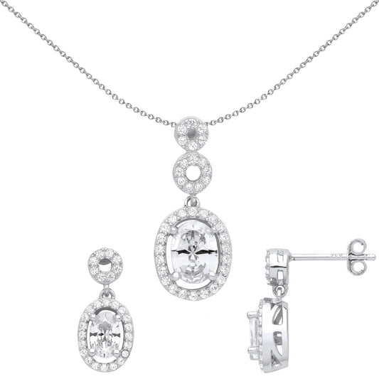 Silver Oval CZ Double Halo Cluster Raindrop Earrings Necklace Set - GSET627