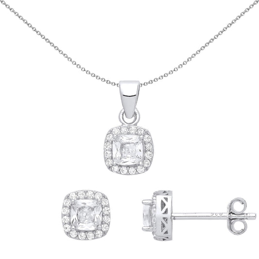 Silver Cushion CZ TV Square Halo Solitaire Earrings Necklace Set - GSET628