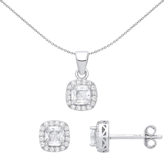 Silver Cushion CZ TV Square Halo Solitaire Earrings Necklace Set - GSET628