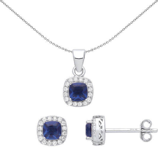 Silver Blue Cushion CZ TV Square Halo Earrings Necklace Set - GSET629