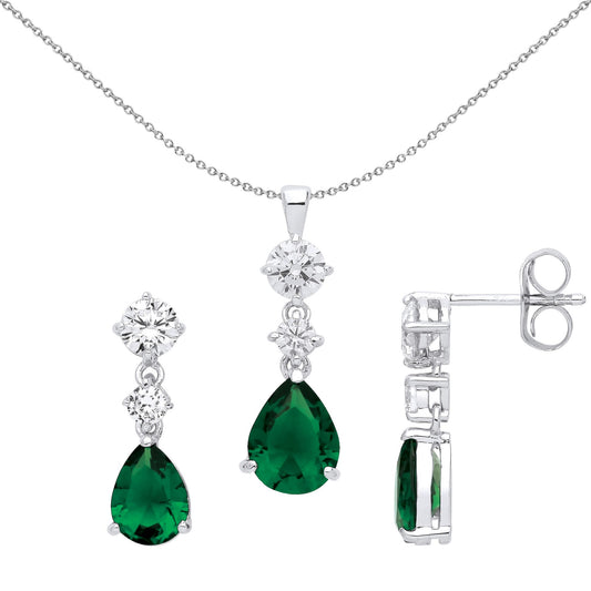 Silver Emerald Green Pear CZ Trilogy Drop Earrings Necklace Set - GSET630EM