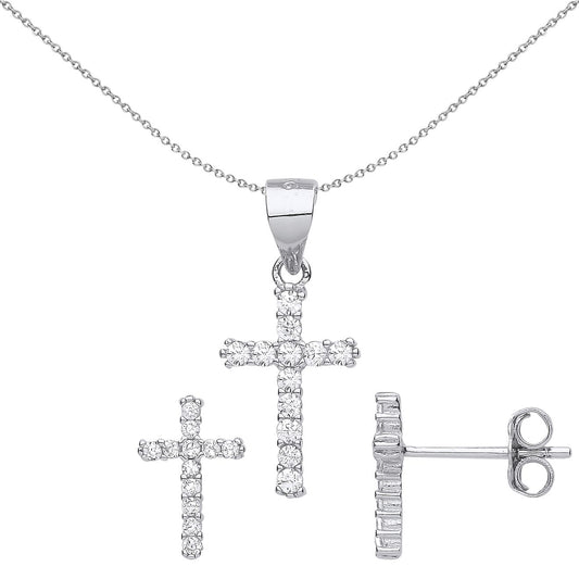 925 Sterling Silver CZ Dozen Stone Cross Earrings Necklace Set - GSET631