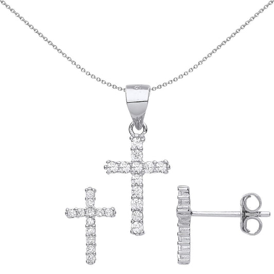 925 Sterling Silver CZ Dozen Stone Cross Earrings Necklace Set - GSET631
