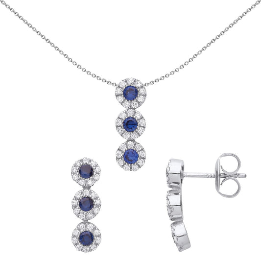 925 Silver Blue CZ Trilogy Halo Cluster Earrings Necklace Set - GSET632