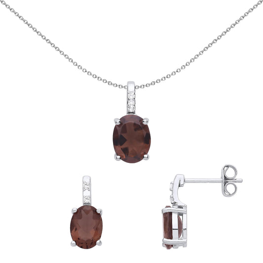 Silver Brown- Oval CZ Lollipop Solitaire Earrings Necklace Set - GSET634