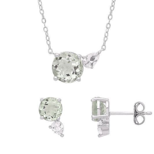 Silver Green Pear CZ Comet Tail Toi et Moi Earrings Necklace Set - GSET636