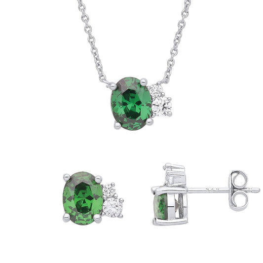 Silver Green Oval CZ Frozen Peas Toi et Moi Earrings Necklace Set - GSET639
