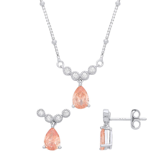 Silver Peach Pear CZ Bead Halo Cluster Drop Earrings Necklace Set - GSET640