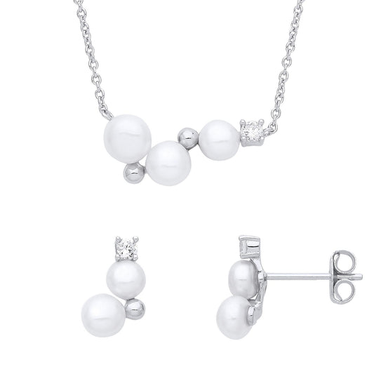 Sterling Silver Pearl CZ Snowball Cluster Earrings Necklace Set - GSET641
