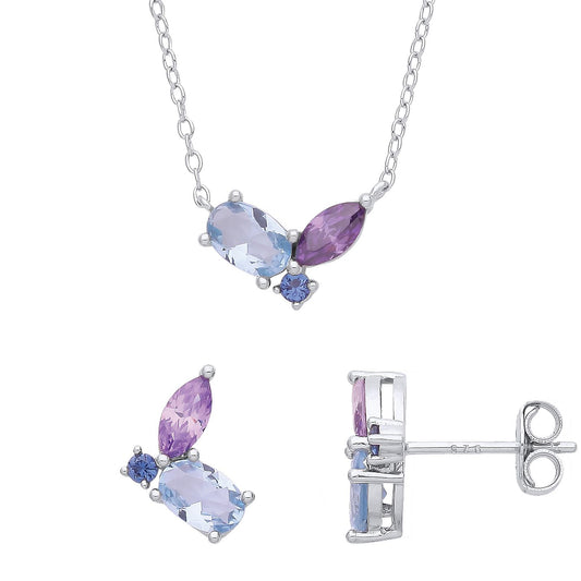 Silver Blue Oval Marquise CZ Toi et Moi Earrings Necklace Set - GSET642