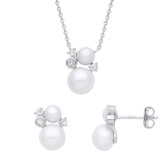 925 Silver Pearl CZ Happy Snowman Cluster Earrings Necklace Set - GSET643