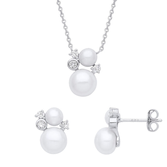 925 Silver Pearl CZ Happy Snowman Cluster Earrings Necklace Set - GSET643