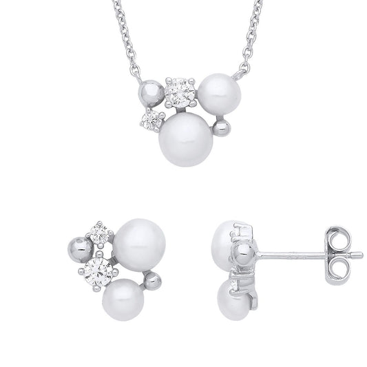Silver Pearl CZ Lazy Chilling Snowman Earrings Necklace Set - GSET644