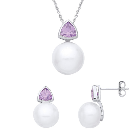 Silver Lilac Pearl CZ Snowman Toi et Moi Earrings Necklace Set - GSET648