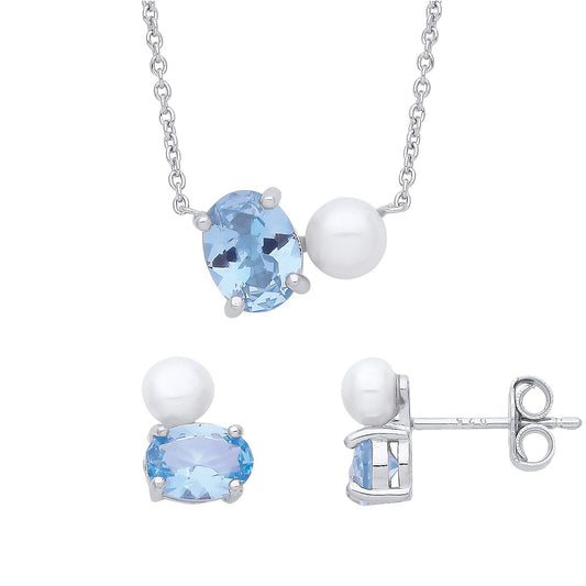Silver Blue Pearl CZ Snowman Toi et Moi Earrings Necklace Set - GSET649