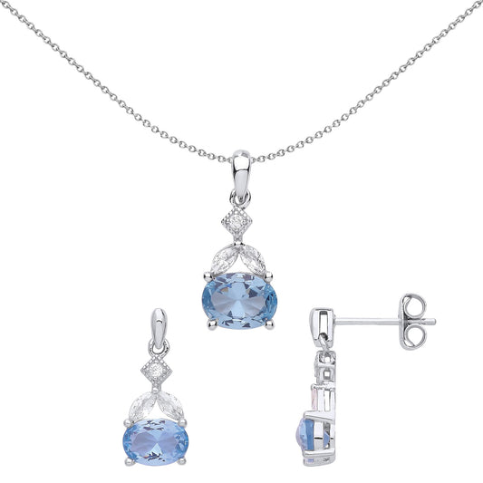 Silver Blue Oval Marquise CZ Quadrilogy Earrings Necklace Set - GSET650
