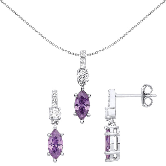 Silver Lilac CZ Torpedo Chandelier Drop Earrings Necklace Set - GSET651