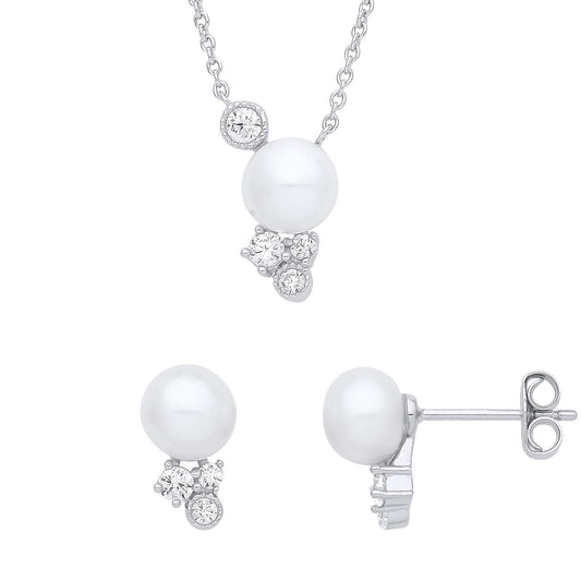 Sterling Silver Pearl CZ Snowman Drum Kit Earrings Necklace Set - GSET652