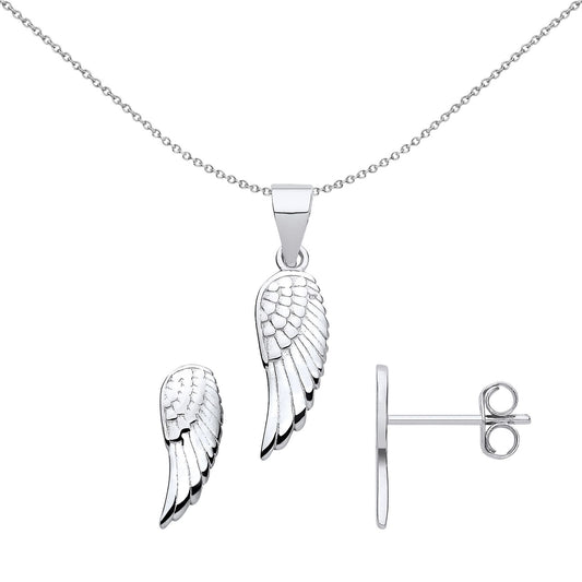 925 Sterling Silver Feather Angel Wings Earrings Necklace Set - GSET654
