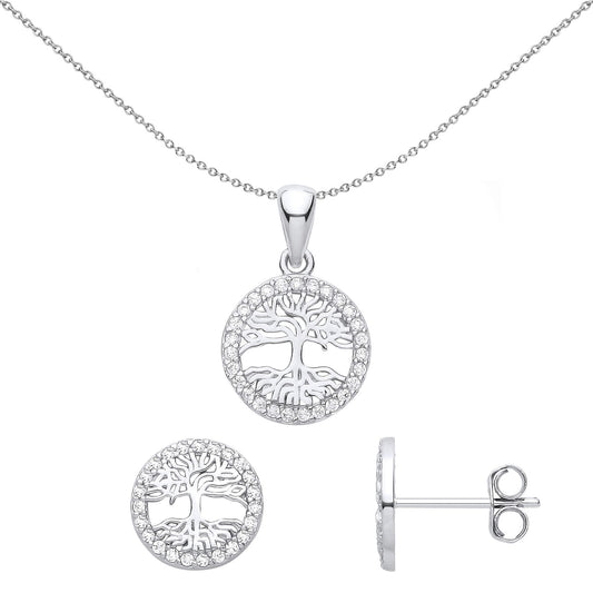 Sterling Silver CZ Circle of Life Tree Halo Earrings Necklace Set - GSET655