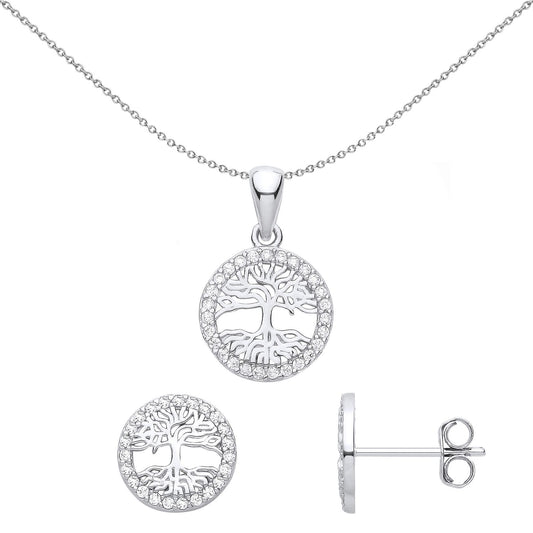 Sterling Silver CZ Circle of Life Tree Halo Earrings Necklace Set - GSET655