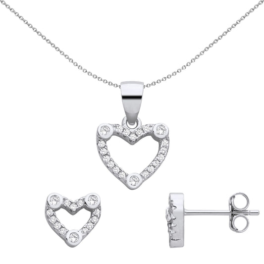 Sterling Silver CZ Love Heart Halo Trilogy Earrings Necklace Set - GSET657