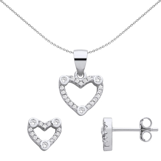 Sterling Silver CZ Love Heart Halo Trilogy Earrings Necklace Set - GSET657