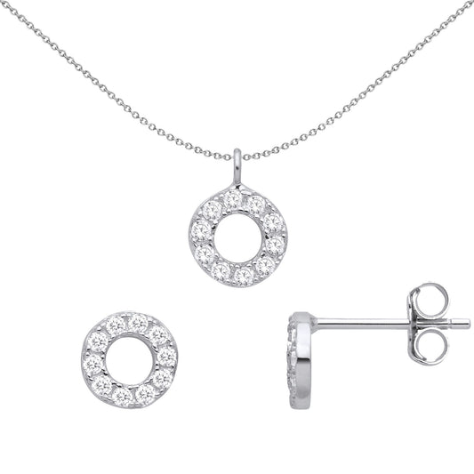 925 Sterling Silver CZ Circle Halo O Earrings Necklace Set - GSET658