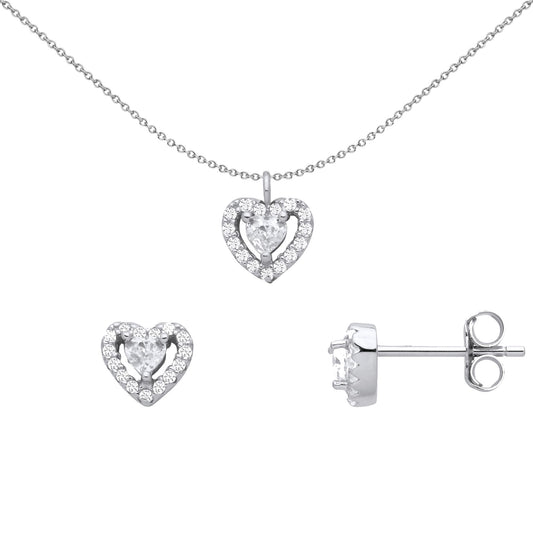 Silver Heart CZ Love Heart Halo Solitaire Earrings Necklace Set - GSET659