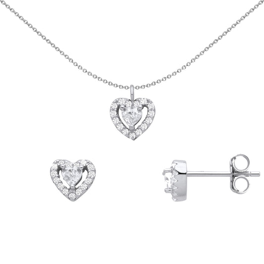 Silver Heart CZ Love Heart Halo Solitaire Earrings Necklace Set - GSET659