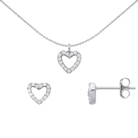 925 Sterling Silver CZ Love Heart Halo Earrings Necklace Set - GSET660