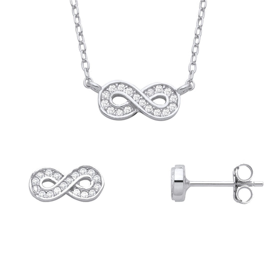 925 Silver CZ Infinity Figure 8 Channel Earrings Necklace Set - GSET661