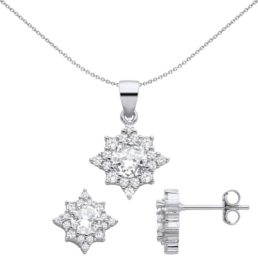 925 Silver CZ Octogram Starburst Solitaire Earrings Necklace Set - GSET662
