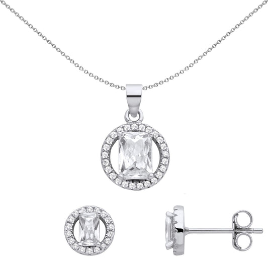 925 Silver Emerald CZ Circle Halo Solitaire Earrings Necklace Set - GSET664
