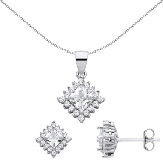 Silver Princess CZ Rotated Square Halo Earrings Necklace Set - GSET665