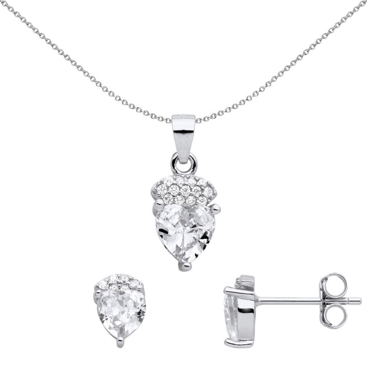 925 Silver Heart CZ Love Heart Pave Cushion Earrings Necklace Set - GSET666