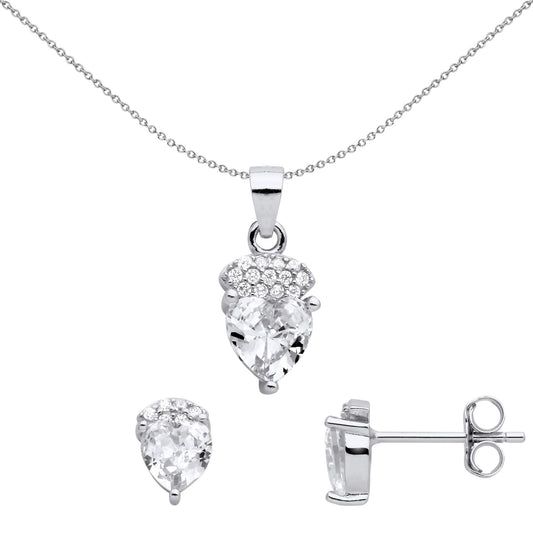 925 Silver Heart CZ Love Heart Pave Cushion Earrings Necklace Set - GSET666