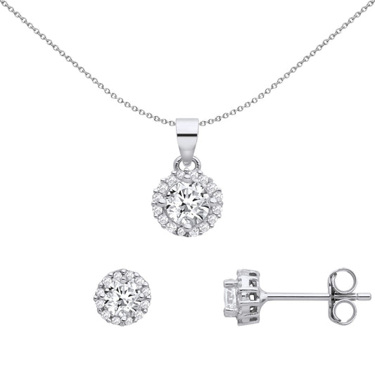 Sterling Silver CZ Halo Cluster Solitaire Earrings Necklace Set - GSET668