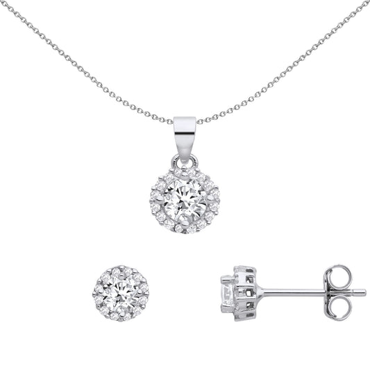 Sterling Silver CZ Halo Cluster Solitaire Earrings Necklace Set - GSET668