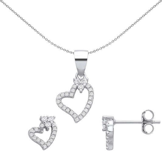 Sterling Silver CZ Accented Love Heart Halo Earrings Necklace Set - GSET671