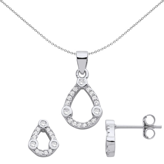 925 Sterling Silver CZ Pear Halo Trilogy Earrings Necklace Set - GSET672