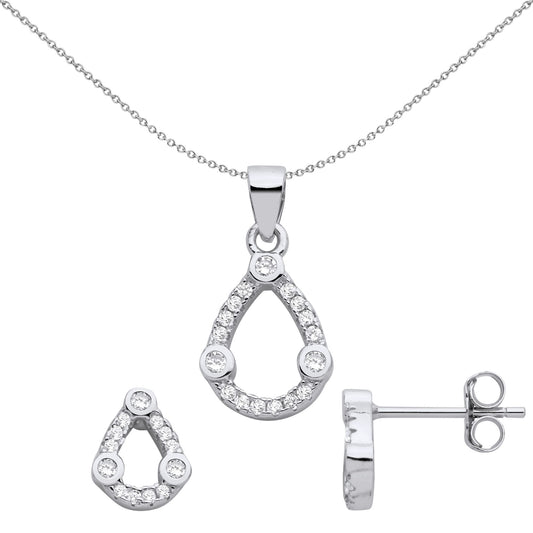 925 Sterling Silver CZ Pear Halo Trilogy Earrings Necklace Set - GSET672
