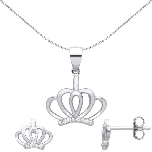 Silver CZ Royal Majestic King Queen Crown Earrings Necklace Set - GSET674