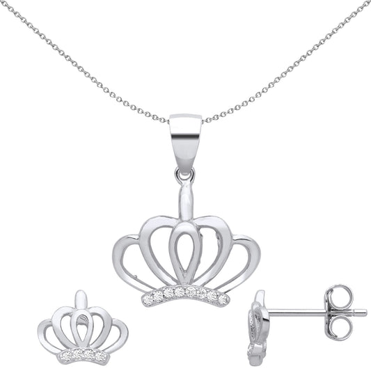 Silver CZ Royal Majestic King Queen Crown Earrings Necklace Set - GSET674